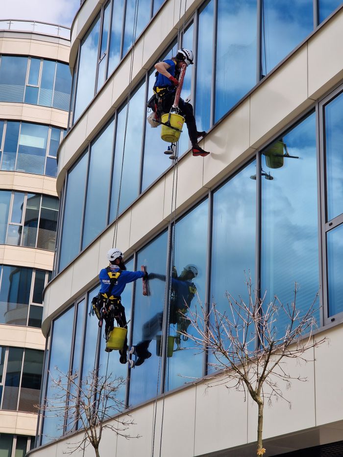 project-03-b Deux laveurs de vitres utilisant des cordes sur un gratte-ciel contemporain, illustrant un entretien professionnel en milieu urbain.